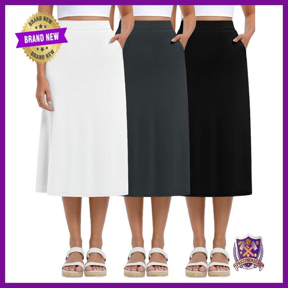 3 Pack Midi Skirts High Waist Stretchy A-Line with Pockets Casual Dressy